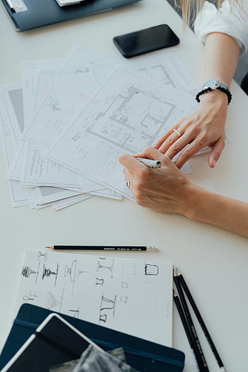 architect, floor plans, drafting, drawing tools, documents, hands, sketching, workspace, design, blueprint, pencils
