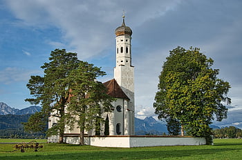 architettura, Chiesa, costruzione, chiesa barocca, Chiesa cattolica, paesaggio, architettura barocca, Chiesa di San Coloman, Schwangau, Baviera, Germania