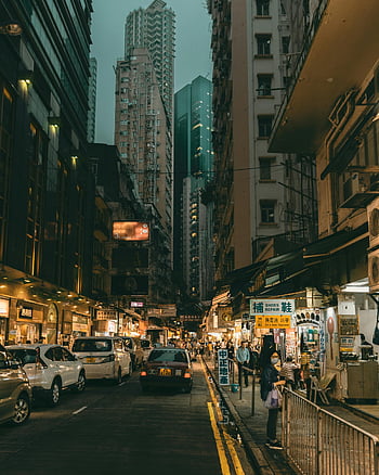 kowloon, Hongkong, rušná nákupní čtvrť, výškové budovy, pouliční scény, noční život, vozidel na ulici, obchodů, vibrující, rušný, městský