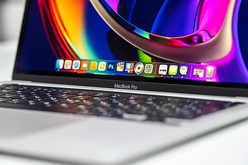 macbook pro, detailopname, laptop, kleurrijk scherm, toetsenbord, trillend, appel, technologie, computer, modern, glad