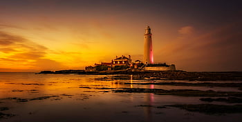 maják sv, tyne a opotřebení, Spojené království, západ slunce, bílý maják, pobřeží, pobřežní scenérie, Maják za soumraku, scénické krajiny, Námořní památka, nádherný západ slunce