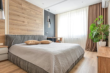modern bedroom, wooden accents, neutral tones, potted plant, gray bed linen, brown pillows, clean bedroom, bright room, contemporary design, indoor plants, cozy interior