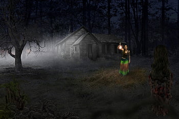 woman, dark Forest, night, horror, spooky, house, haunted, nature, trees, scary, halloween