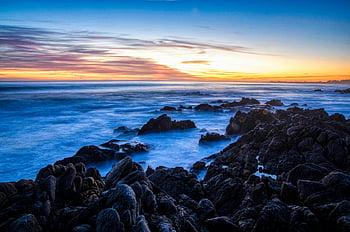 パシフィックグローブ、 カリフォルニア、 岩が多い海岸線、 日没、 鮮やかな色、 夕暮れ、 海洋、 岩、 ビーチ、 自然、 風景