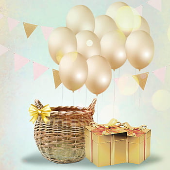 풍선, 바구니, 리본, 아름다운 벽지, 장식, 아가, 첫 번째 생일, 생일 축하, 파티, 어린이, 귀엽다