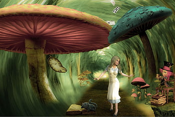 alice, wonderland, mushrooms, fiction, alice In Wonderland, mad Hatter, characters, fantasy, dream, surreal, digital Art
