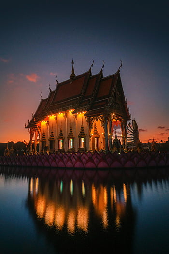 tempio tailandese, tramonto, acqua serena, edificio con luci, riflessione, Scatto mozzafiato, Splendidamente illuminato, architettura, sera, punto di riferimento culturale, scena pacifica
