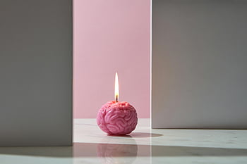 candela a forma di cervello, candela accesa, impostazione minimalista, Estetica moderna, Foto interno, candela rosa, Candela unica, Candela del cervello, design minimalista, design moderno, illuminazione interna