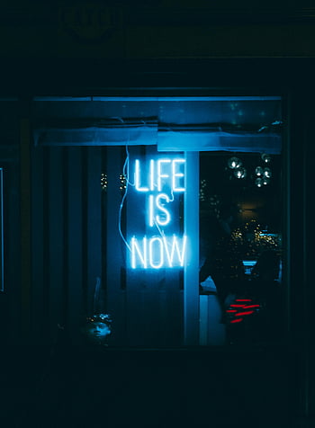neon jelzések, fehér neon, kék neon, Az élet most van, városi környezetben, élénk neon, sötét háttér előtt, neonfények, modern feliratok, éjszakai jelenet, városi fények