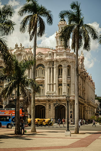 Havana, kuba, koloniální budovy, palmy, pouliční scény, klasické architektury, lidí, kteří jdou, hnědá betonová budova, živá ulice, Velká budova, Tropické panoráma města