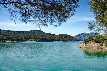 Espanha, Andaluzia, Província de Málaga, Reservatórios Guadalhorce-guadalteba, rio guadalhorce, Rio Gualdateba, reservatório, fluxo, montanhas, Colina, agua