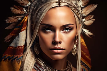 Ai genereret, indian, blond, model, indianer, makeup, portræt, kvinde, Indisk hovedbeklædning