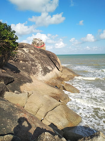 sea, sand, beach, stones, rocks, boulders, shore, seashore, coast, horizon, clouds