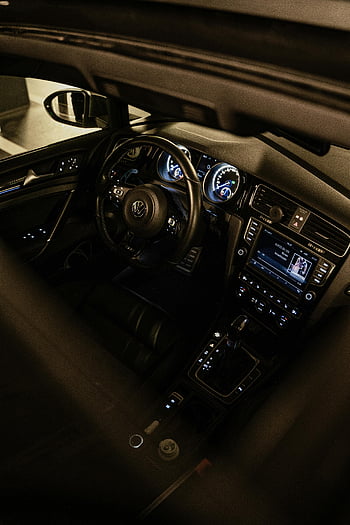 Volkswagen interior, black car interior, dashboard view, steering wheel, overhead perspective, car dashboard, Volkswagen dashboard, car interior design, interior details, car steering wheel, vehicle interior