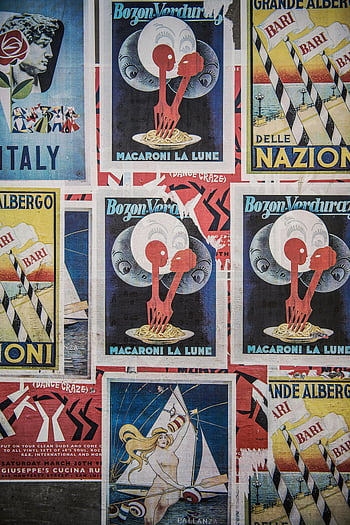 vintage Italian posters, retro design, typography art, assorted paper posters, vibrant collection, Bozon Verdura, Macaroni La Lune, Bari, Grande Albergo, Pallanza, dance craze