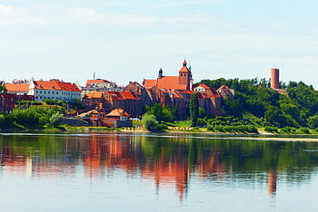 Vislské louky, řeka Visly, Reflexe vlny, města, kostel, budov, památek, krajina, Pohled, Příroda, mimo