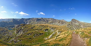 mountains, landscape, rila, path, trail, nature, peak, summit, sky, clouds, scenic