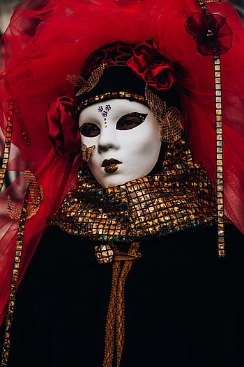 Venetiansk karnevalmaske, Røde og guldfarver, tæt på, Detaljeret maske, venedig, karneval, rød maske, guldmaske, festlig påklædning, traditionelt kostume, dekorativ maske