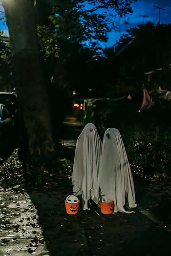 Víspera de Todos los Santos, disfraces fantasma, árbol iluminado, noche oscura, otoño, truco o trato, Cubos de Halloween, niños, oscuridad, al aire libre, noche