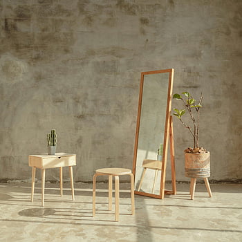 Scandinavian design, minimalist room, wooden furniture, brown wooden table, chair, plants, interior design, modern decor, simple living, natural elements, concrete wall