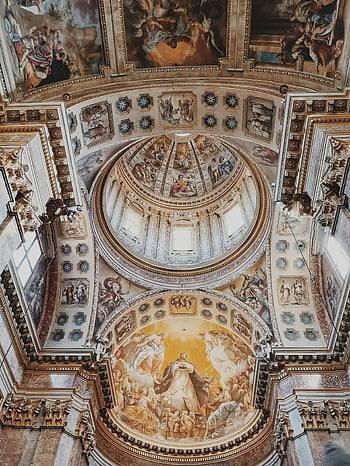 Bologna Cathedral, ornate dome, intricate frescoes, architectural details, stunning view, interior design, religious art, historical building, ceiling paintings, church interior, fresco art