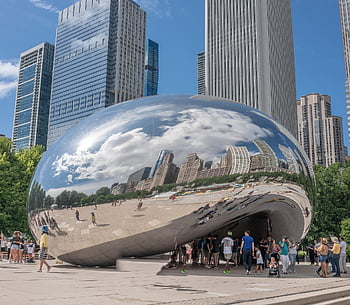 bean, monument, chicago, cloud Gate, urban, architecture, city, buildings, illinois, park, reflection