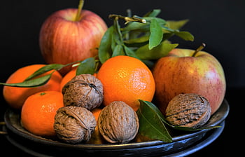 ovoce, ořechy, stálý život, jídlo, mandarinky, jablko, vlašské ořechy, organický, vyrobit, zdravý, výživa