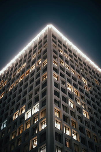verlichte gevel van een gebouw, wolkenkrabber, nachtelijke hemel, stedelijke architectuur, opwaartse blik, stadsgezicht, modern gebouw, architectueel ontwerp, nachtfotografie, gebouw lichten, stadslichten
