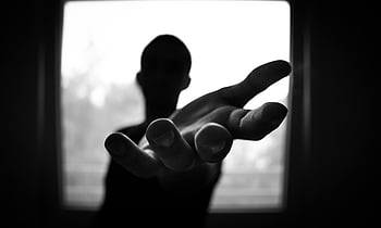 man's hand, shallow focus, grayscale photography, silhouette, reaching out, black and white, contrast, window, shadow, artistic, monochrome