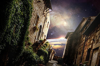 space, earth, houses, neighborhood, planet, stars, unreal, mythical, cosmos