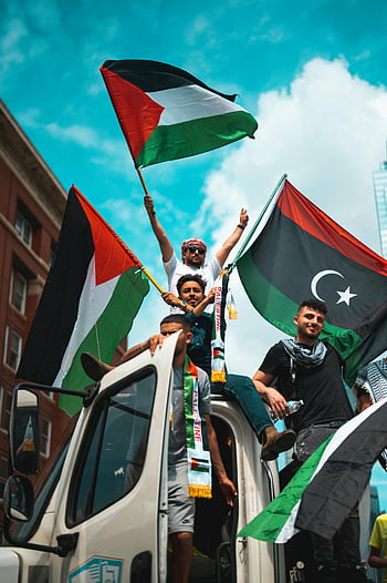 Palestinské vlajky, Libyjské vlajky, Street Rally, mladí muži, mávání vlajkami, Palestina, Libye, protest, demonstrace, vozidlo, venkovní akce