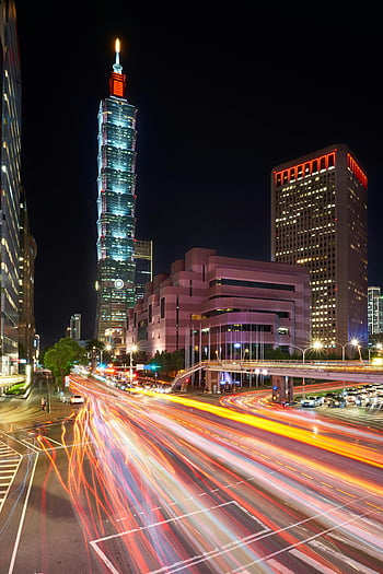 Taipei, Taipei 101, time lapse photography, urban nightscape, light trails, cityscape, night photography, dynamic lights, lively Taipei, road traffic, skyscrapers