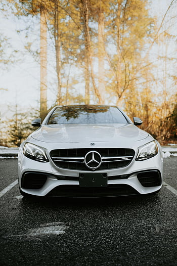 argent mercedes-benz, terrain de stationnement, cadre extérieur, des arbres, voiture élégante, vue panoramique, voiture mercedes-benz, voiture d'argent, voiture garée, arbres d'automne, photographie de voiture