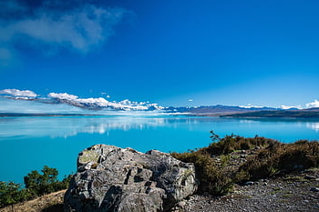 lake Pukaki, new Zealand, mountain, alpine Lake, glacial Flour, lake, clouds, sky, landscape, grass, nature