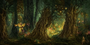 fantasy, forest, fairies, nature, night, lights, magical, magic