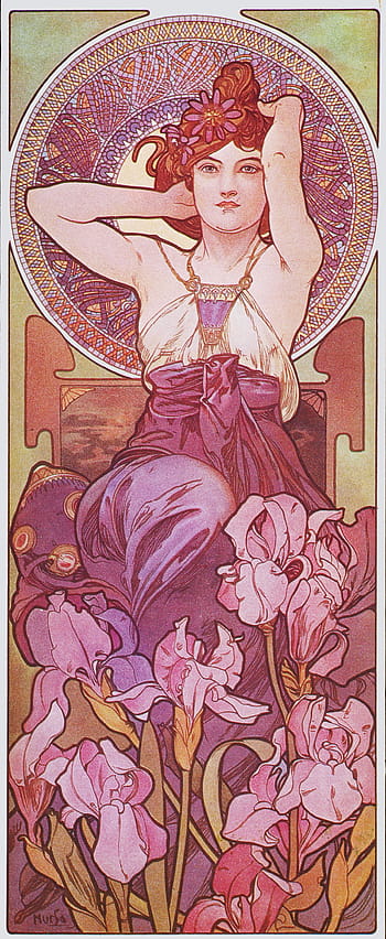 Alphonse Mucha, Art Nouveau, Amethyst, high resolution, pin-up, woman, flowers, purple, vintage, illustration, 1900
