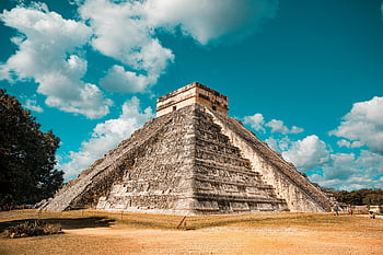 El Castillo, Chichen Itza, Mexico, pyramid, gray concrete building, blue sky, sunny day, vibrant sky, ancient ruins, Mayan architecture, historical site