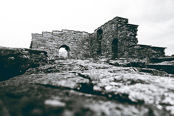 kostel, ruiny, kamenné zdi, starý, architektura, historický, starověké, černobílý, zřícenina, budova