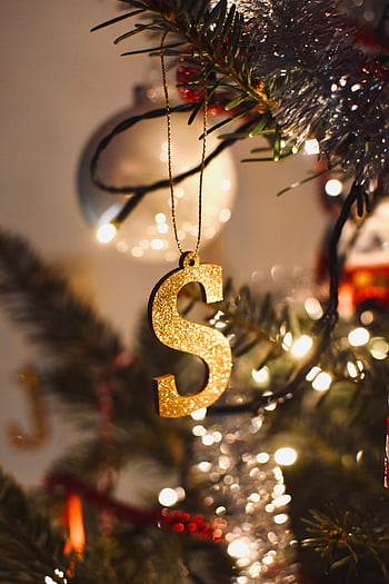 juletræ, guld S ornament, dekoreret juletræ, julelys, baubles, ferie indretning, festlig dekoration, julepynt, Glitter ornament, træ lys, jul sæson