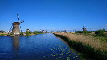 regiony, Jižní Holandsko, kinderdijk, mlýny, krajina, Holandsko, větrný mlýn, voda, polder, unesco, Nizozemí