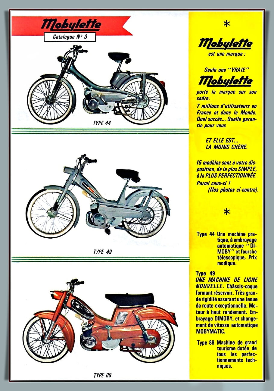 mobylette, motobecane, Cyclomoteur, Typ 44, Typ 49, Typ 89, vinobraní, motocykl, reklama, brožura, katalog