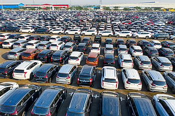 modern cars, daytime, aerial view, large car lot, parked vehicles, Bekasi Regency, West Java, car dealership, vehicle parking, automotive industry, new cars