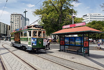 Tram stop, Christchurch, Cathedral Square, Boon class, Tram 152, City Tramway, Ferrymead Tramway, drop centre style, urban, cityscape, travel
