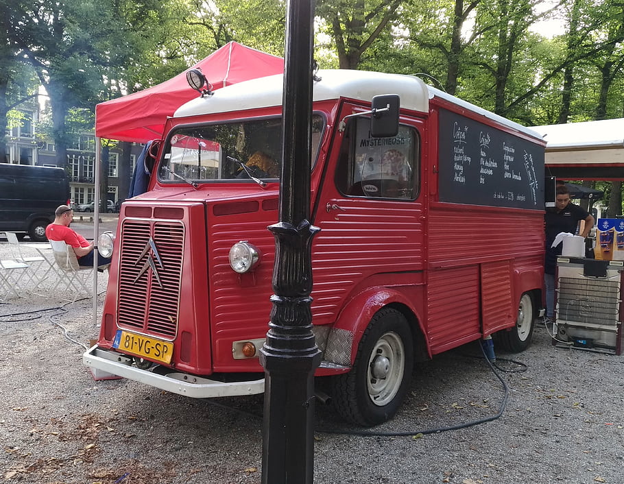 citroen, typ, h, potravin truck, 1978, hague, vinobraní, Červené, Jídelní lístek, venkovní, událost