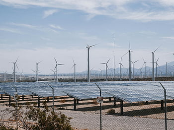 obnovitelná energie, větrné turbíny, solární panely, během dne, čisté nebe, Energetická farma, udržitelná energie, šetrné k životnímu prostředí, zelené technologie, alternativní energie, generátor elektřiny