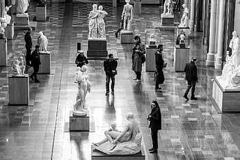 exhibition, museum, gallery, art, people, sculptures, statue, viewer, viewing, monochrome