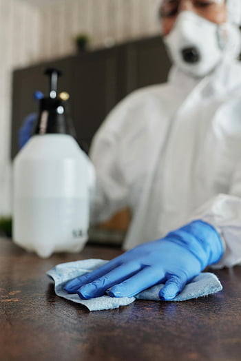 Modré latexové rukavice, obličejová maska, ochranné zařízení, dezinfekci, čištění povrchu, Vnitřní čištění, Profesionální čistič, hygiena, Bezpečnostní opatření, prevence proti viru, čistící prostředky