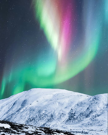 aurora borealis, lampu kutub berwarna -warni, gunung bersalju, Senja Norwegia, pemandangan malam, Aurora menari, bukit bersalju, pemandangan, cahaya utara, pemandangan musim dingin, langit berbintang