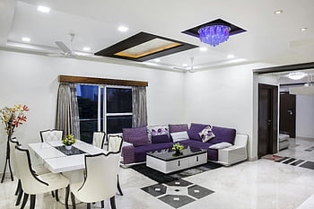 elegant living room, modern decor, purple sofa, chic dining area, dining room furniture, living room furniture, contemporary interior, purple chandelier, white dining table, modern living space, stylish home decor