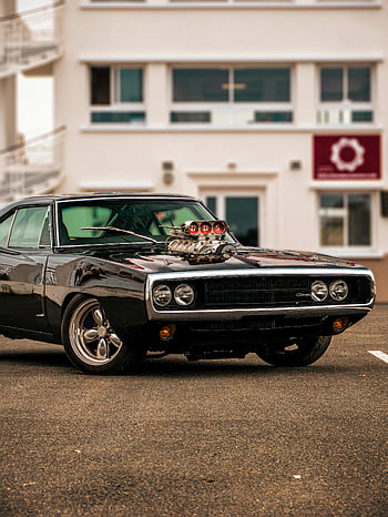 1970 Black Dodge Charger, szüreti izomautó, kompresszor, leparkolt, Montlhéry Franciaország, klasszikus autó, Dodge töltő, épület, utca, autóipari, retro